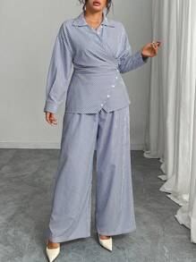 Modelyn Plus Size Woven Striped Long Sleeve Two Pieces With Drawstring Fall Cloth For Women - Blue - View 1