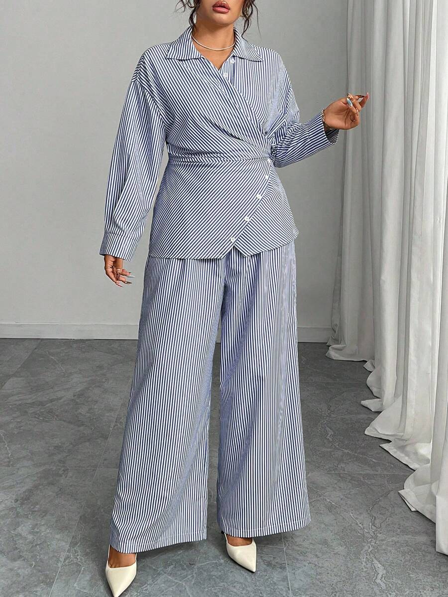 Modelyn Plus Size Woven Striped Long Sleeve Two Pieces With Drawstring Fall Cloth For Women - Blue - View 1