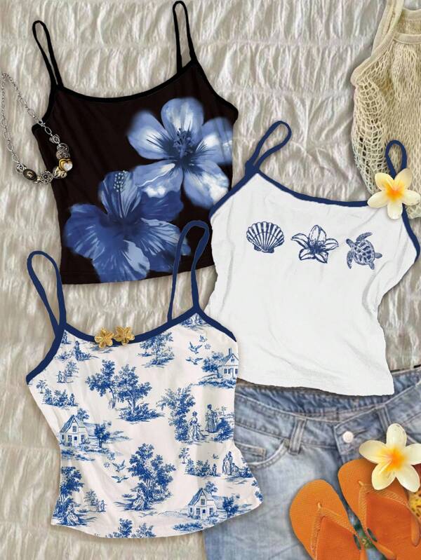 Attitoon 3 Set Stylish Women's Cami Tops In Multicolor Graphic Design For Summer Summer Tops Crop Tops Summer Cute Beach Tops Blue Floral Crop Top Summery Tops
