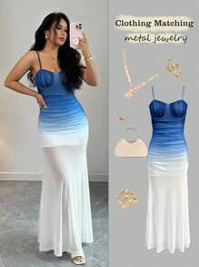 Islaluna Elegante y de moda vestido con corte en el bajo y degradado de azul a blanco sin mangas para mujeres, para verano