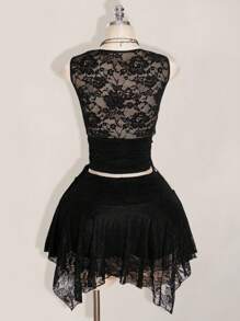 SHEIN ICON Váy ren lưới chắp vá eo nhún gợi cảm cỡ lớn viền bất đối xứng - màu đen - Xem 2