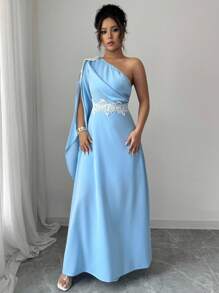 Rafferiza Asymmetric Neck Blue Dress With Floral Lace Trim & Cinched Waistline, Slimming Long Dress