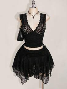 SHEIN ICON Váy ren lưới chắp vá eo nhún gợi cảm cỡ lớn viền bất đối xứng - màu đen - Xem 5