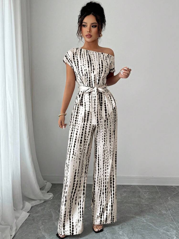 Elenzga Conjunto de verano para mujer, cuello asimétrico, manga tipo murciélago, cintura con cordón, pantalones ajustados, tejido de punto estampado, elegante y versátil estilo joven - Multicolor - Añade 4