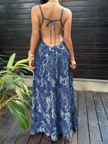 SHEIN Unity Paisley Print V-Neck Backless Tie-Up Button Designed Maxi Slip Dress - Navy Blue - View 2