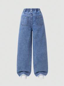 Tween Girl Dark Wash Blue Distressed Strawberry Print Wide Leg Jeans Strawberry Jeans ,Y2K Style Summer Holiday Fall Winter - Medium Wash - View 2