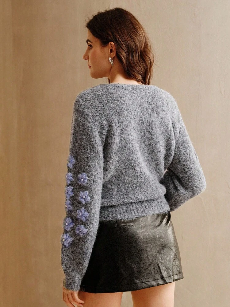 Embroidered Fuzzy Knit Applique Crew Neck Long Sleeve Sweater