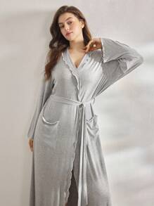 Ocili 舒适罗纹针织撞色滚边柔软短领系带睡袍，大码居家服，舒适保暖，秋冬季佳选。