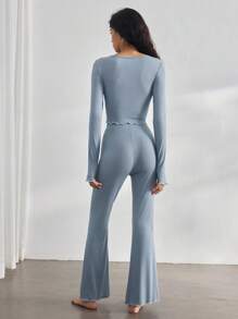 Ocili 休闲简约舒适软壳纽扣前长袖上衣和裤子家居服套装女士节日装 - 霧霾藍 - 查看 2