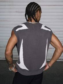 AXEPEAK Men's Fashion Street Graphic Pattern Loose Knit Sweater Vest, For Fall Winter - Grey - View 2