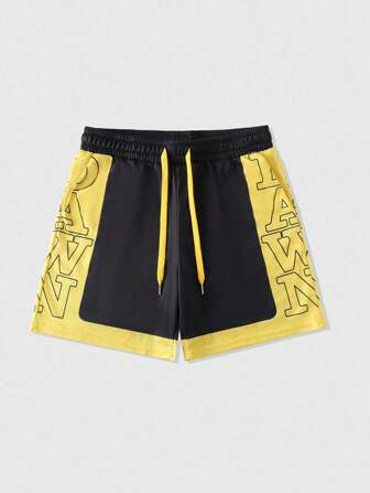 Street Life Herren Patchwork Kontrast Farbe Buchstaben Muster Kordelzug Taille Loose Lässig Shorts