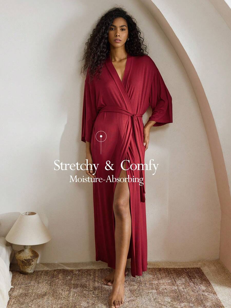 Ocili 休闲柔软顺滑纯色浴袍，优雅长袖家居服，假日季舒适之选，秋冬季佳品 - 紅色 - 查看 1