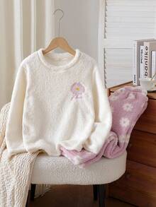 2 piezas Conjunto de pijama de niña con Top de manga larga con estampado floral rosa dulce y lindo, y pantalones, otoño/invierno