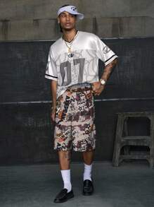 AXEPEAK 街头风格 V 领短袖数码印花宽松男式 T 恤 - 白色 - 查看 3