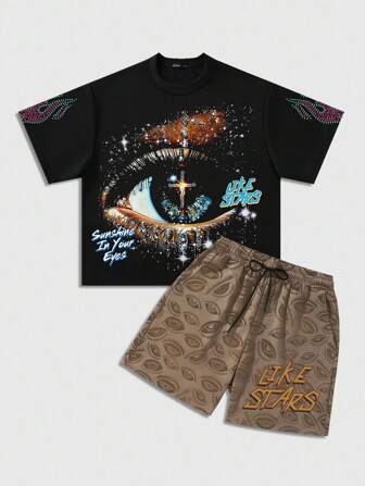 Street Life Men's Eyes Printed T-Shirt Set, Loose Cropped Style