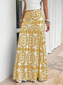 Sunnyshic 满印花裙，休闲夏日假期 - 芥末黃 - 查看 4