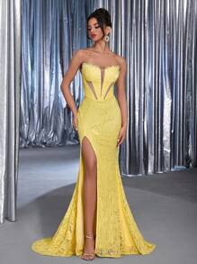 Glamrae فستان رسمي بتصميم خصر مزين بخصر سميك وذيل سمكة شفاف بتصميم بسترة من قماش فابريك أصفر فاتح فاخر