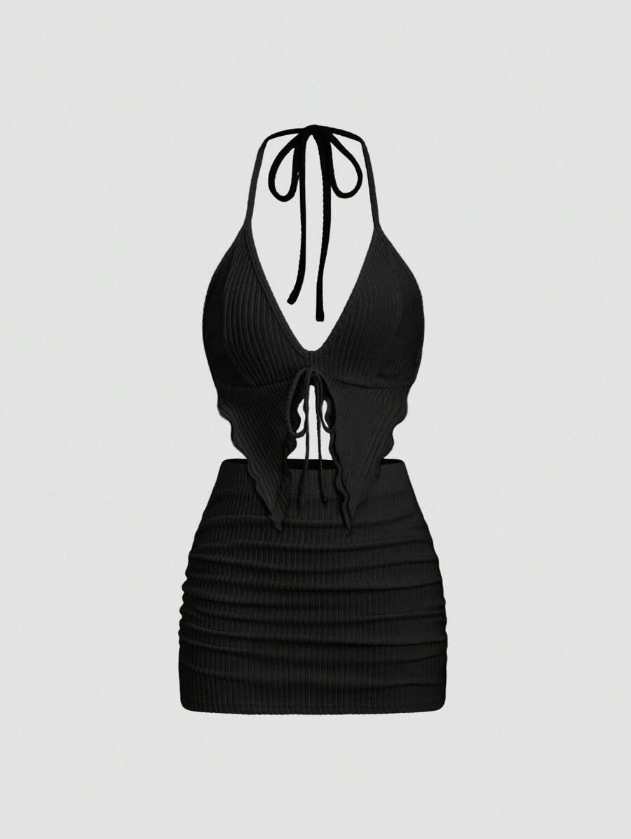 EgrlEra Apricot Fleece Ribbed Knit V-Neck Backless Asymmetrical Hem Tie-Back Tank Top & Mini Bodycon Skirt Set, Soft Comfortable Casual Chic For Party, Vacation, Ladies