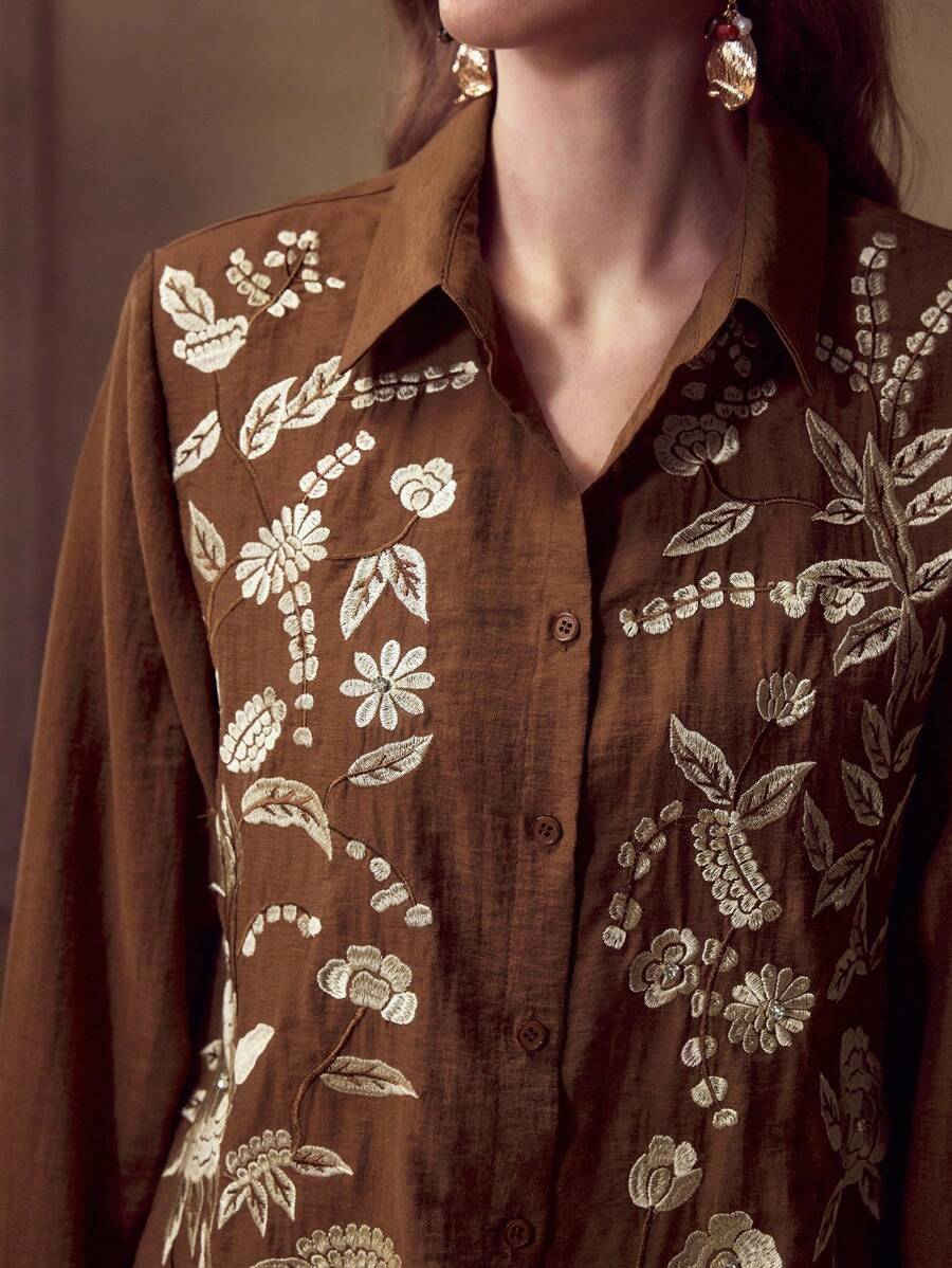 MOTF PREMIUM EMBROIDERY BUTTON UP SHIRT - Brown - View 2
