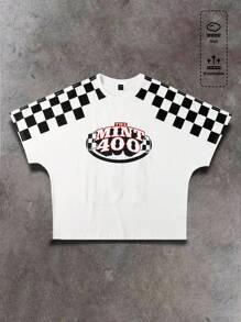 ROMWE MEN Street Life Men's Casual Letter Graphic & Checkerboard Pattern Round Neck T-Shirt - Black and White - View 1