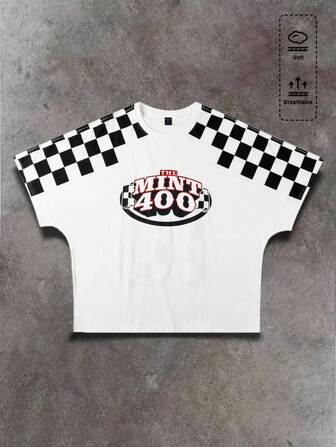 Street Life Camiseta de cuello redondo casual de hombre con gráfico de letras y patrón de tablero de ajedrez, para verano