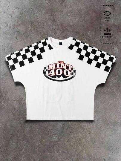 Street Life Camiseta de cuello redondo casual de hombre con gráfico de letras y patrón de tablero de ajedrez, para verano