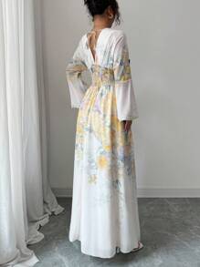 Elenzga Women's Elegant Fashion Commuter Casual Comfortable Charming Retro Minimalist Long Sleeve Shirred Floral Swing Waist Tie Dress - Light Yellow - View 2