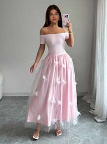 Selianne Standard Size Women Off Shoulder Solid Top + Floral Mesh Patchwork Skirt, 2pcs Elegant Set - Pink - View 6
