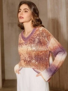 Anewsta Maglione pullover con scollo a V e maniche lunghe con paillettes sfumate, adatto per autunno, inverno, primavera, Capodanno, feste, matrimoni, elegante, chic, di stile, casual, confortevole, formale - Viola - Visualizzare 6