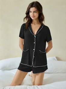 Ocili Leisure Soft Ribbed Cotton Contrast Color Ruffle Trim Short Sleeve & Shorts Women Pajamas Set - Black - View 6