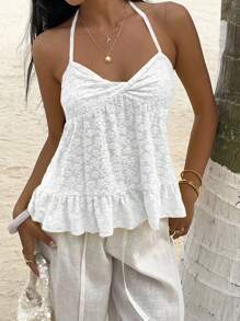 Sunnyshic Women's Floral Jacquard Twist Design Fashion Halter Neck Tank Top - White - View 6