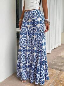 Sunnyshic 全印花休闲宽松低腰半身裙 - 藍白色 - 查看 6