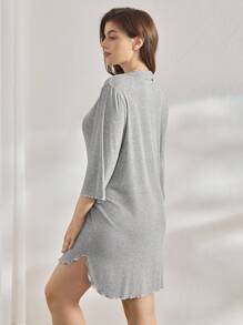 Ocili 休闲加大码罗纹舒适贝壳领纽扣荷叶边睡衣连衣裙，舒适保暖，秋冬款 - 灰色 - 查看 3