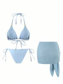 Swim Oasis 全新女式蓝色三角比基尼上衣和网眼迷你裙比基尼套装夏季海滩度假休闲性感装