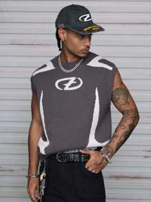 AXEPEAK Men's Fashion Street Graphic Pattern Loose Knit Sweater Vest, For Fall Winter - Grey - View 4