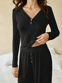 Ocili Leisure Women's Solid Color V-Neck Regular Shoulder Long Sleeve Top And Pants Lounge Set Cozy Outfit, Fall Winter Clothes - Black - View 4