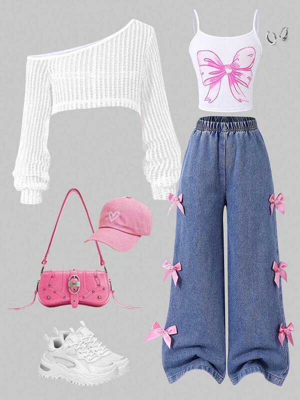 SHEIN 3 piezas Top con lazo y diseño de hombros recortados y pantalones anchos con moño para niñas, adecuado para salir y viajar a principios de otoño