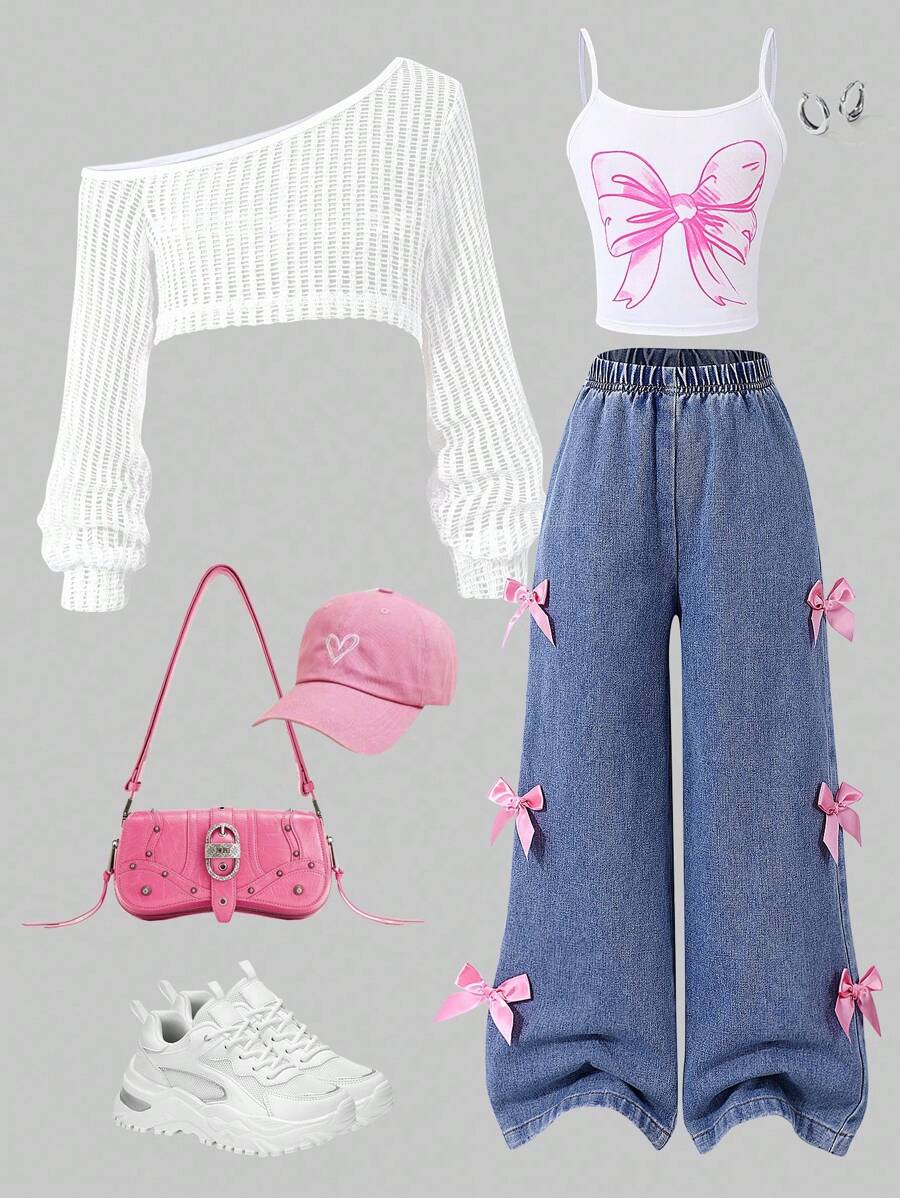 SHEIN ChillGRL 3 件套女童蝴蝶结吊带上衣，采用镂空肩部设计，搭配蝴蝶结阔腿裤，适合初秋外出旅行 - 白色 - 查看 1