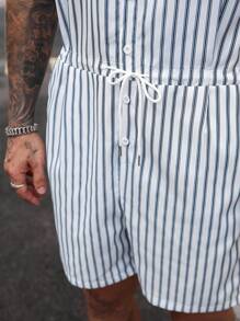 Manfinity Homme 男士夏季休闲条纹连体裤男士连体裤男士条纹连体裤，男士蓝白条纹抽绳短袖连体裤，适合休闲夏季外出 - 彩色 - 查看 5