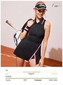 CourtClass 女式夏季休闲撞色修腰无袖运动连衣裙 - 黑色 - 查看 5