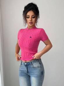 Elenzga Rose Red Crew Neck Cable Knit Short Sleeve Sweater For Women Knit Pullover Fall Winter - Hot Pink - View 3