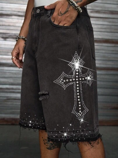 AXEPEAK Fashionable Streetwear Style Straight Loose Fit Men's 5-Inch Denim Shorts, Emo Style