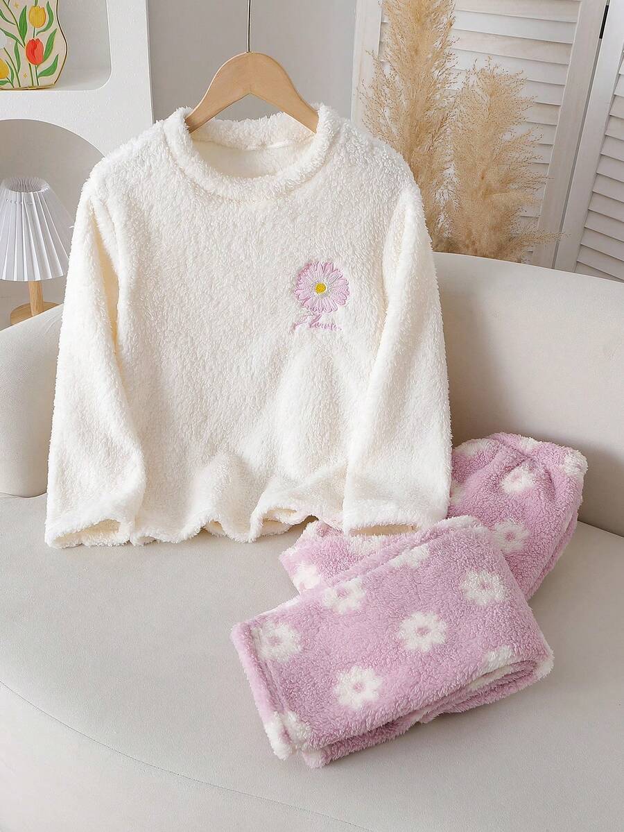 2 piezas Conjunto de pijama de niña con Top de manga larga con estampado floral rosa dulce y lindo, y pantalones, otoño/invierno