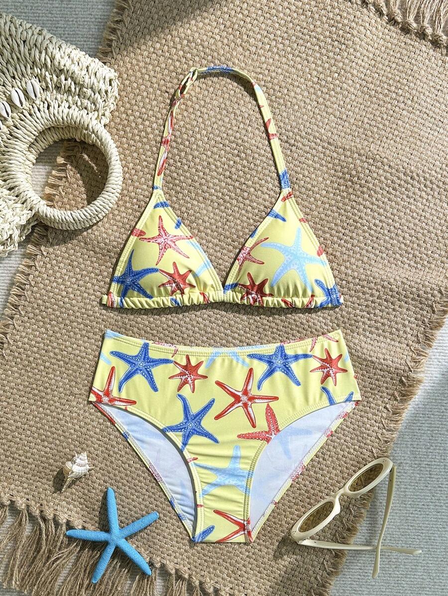 Tween Girls Bikini Sets, Starfish Print, Knit Fabric, 2 Pieces Swimsuit, Fashion Casual Elegant Suitable For Swimming, Vacation, Summer Starfish Bikini Teen Bathing Suit Summer Bathing Suits Seashell Bathing Suit Tween Starfish Bikini
