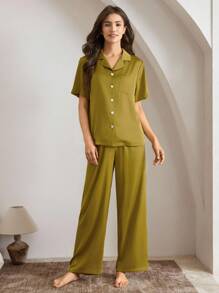 Ocili Ocili Conjunto de pijama con solapa de tela de satén suave y sedosa para mujer