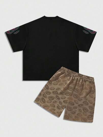Street Life Men's Eyes Printed T-Shirt Set, Loose Cropped Style