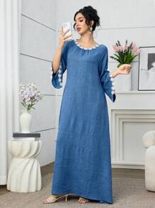 Al Najma Váy xòe thêu phong cách Ả Rập thanh lịch cho nữ - Xanh đậm - Xem 4