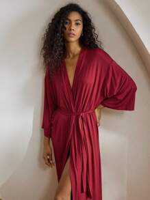 Ocili 休闲柔软顺滑纯色浴袍，优雅长袖家居服，假日季舒适之选，秋冬季佳品 - 紅色 - 查看 3