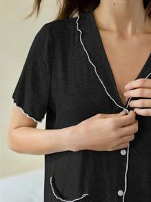 Ocili Leisure Soft Ribbed Cotton Contrast Color Ruffle Trim Short Sleeve & Shorts Women Pajamas Set - Black - View 4