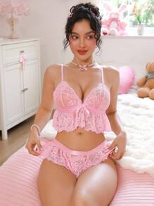 SHEIN Bộ 2 chiếc áo ngực không dây và quần lót ren gợi cảm cho nữ khi đi chơi - Hồng - Xem 5